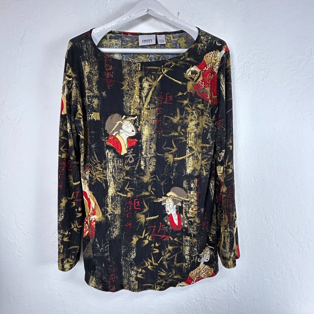Chico's Travelers Womens Asian-Inspired Long Sleeve Boat Neck Top Size 3 Stretch